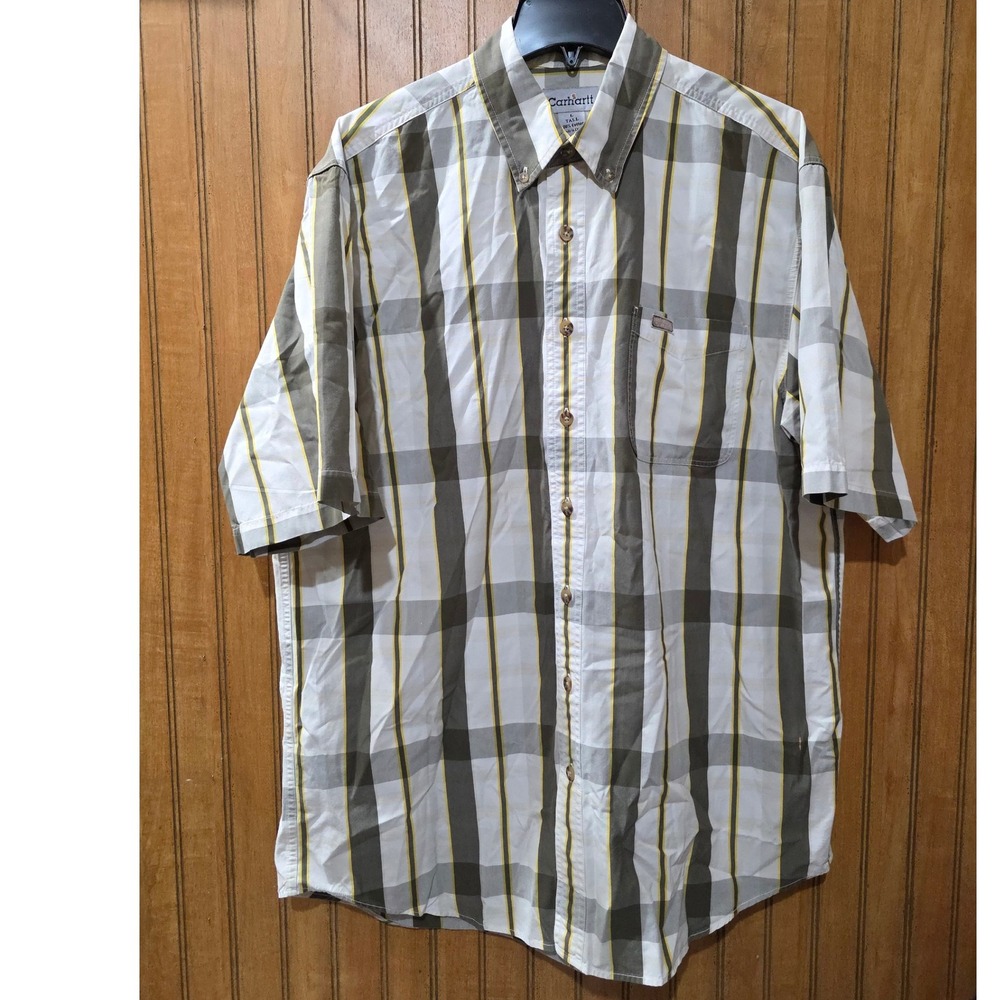 Carhartt Plaid Button‎ Up Shirt Gray White Short Sleeve Casual Work  L Tall